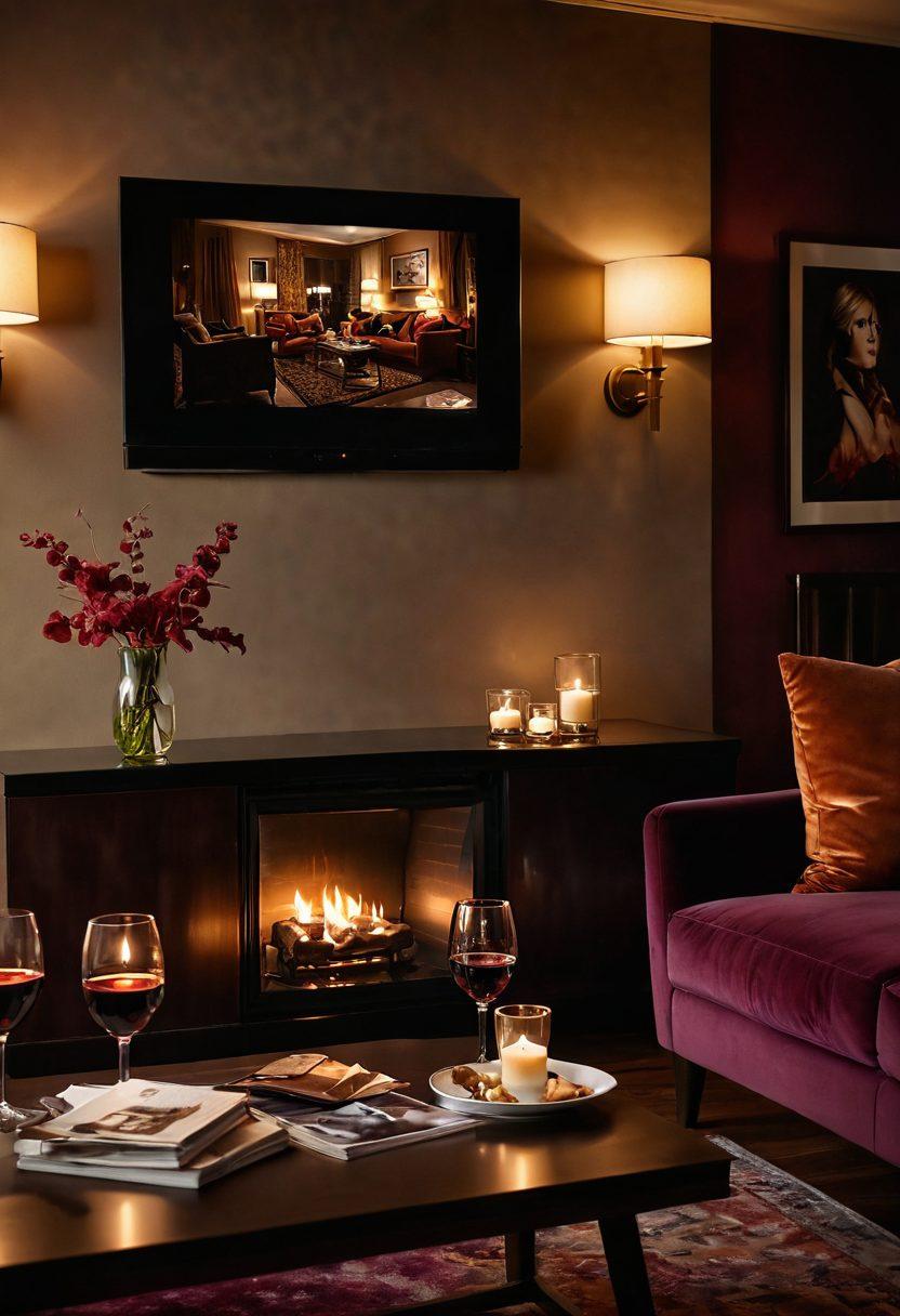 A captivating scene depicting a cozy, dimly lit living room with a large screen showcasing tantalizing web television clips. Plush velvet furniture invites viewers in, while playful shadows create an enticing atmosphere. Elegant glass of wine and a flickering candle add to the allure, with a hint of seductive decor in the background. Emphasize an inviting and luxurious feel. super-realistic. rich color palette. warm ambiance.